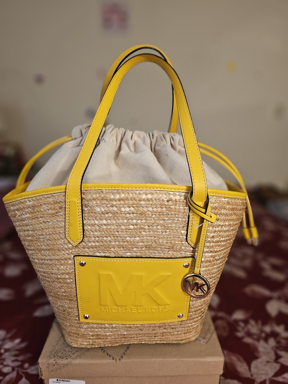 Michael Kors Yellow Straw Tote with Logo Plaque